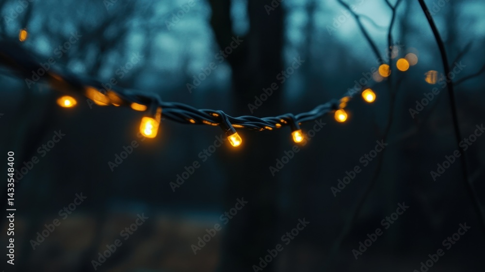 Poster a string of illuminated bulbs in a dark woodland setting