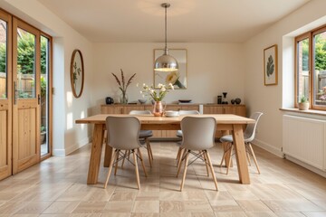 Fototapeta premium Modern Dining Room with Wooden Table and Elegant Décor in Bright Sunlit Space