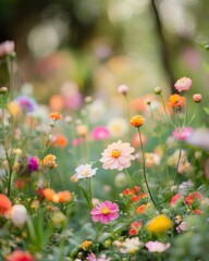 A beautiful colorful garden is filled with many wildflowers in bloom