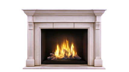 Classic white marble fireplace burning with transparent background