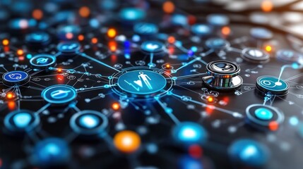Digital healthcare network; Stethoscope on connected icons.