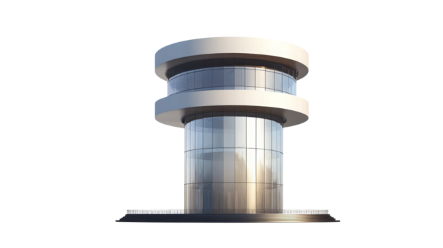 Modern cylindrical skyscraper with transparent background reflecting cityscape