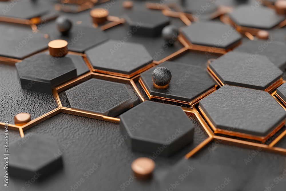 Poster abstract image of dark gray hexagonal shapes with copper accents, featuring a textured surface and s