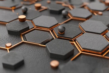 Obraz premium Abstract image of dark gray hexagonal shapes with copper accents, featuring a textured surface and small spheres, creating a modern and geometric design, showcasing a product or concept