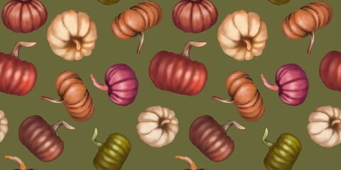 Seamless autumn pattern featuring colorful pumpkins in shades of orange, red, cream, green, and purple on an olive green background. Perfect for fall decor, Thanksgiving, and seasonal designs