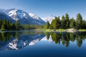 Fototapeta premium Still lake reflecting snowy mountains and pines in soft morning light