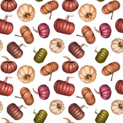 Seamless autumn pattern featuring colorful pumpkins in shades of orange, red, cream, green, and purple on an olive green background. Perfect for fall decor, Thanksgiving, and seasonal designs.