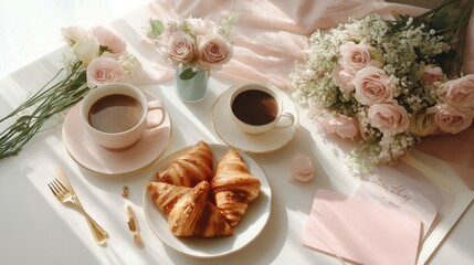 Mother’s Day Breakfast with Flowers and Card, Flat Lay Stock Image