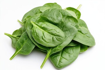 Obraz premium Fresh spinach leaves on white background. AI generated illustration.