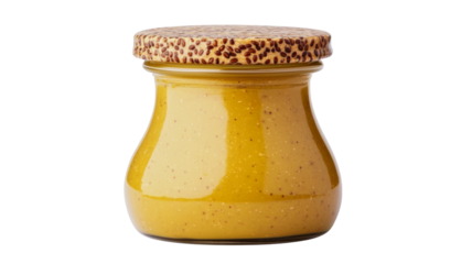 Glass jar filled with mustard on transparent background