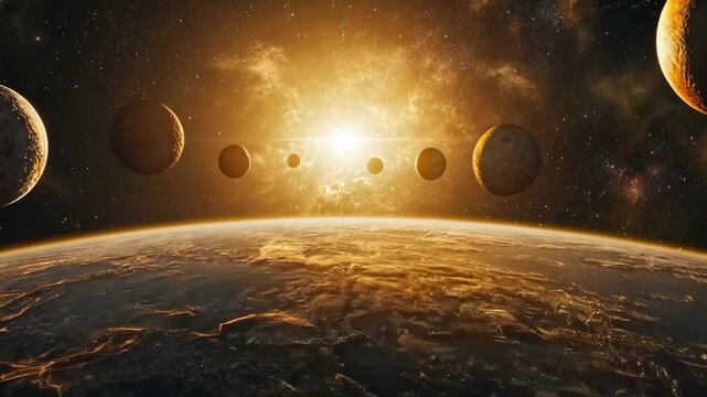 Celestial bodies align above Earth during a stunning cosmic event at sunrise