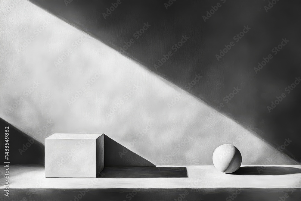 Poster simple geometric forms illuminated by a dramatic light source.