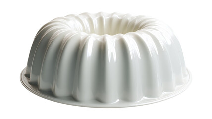 Empty white bundt cake pan with fluted sides on transparent background