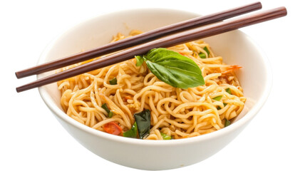 Bowl of noodles with chopsticks and basil on transparent background
