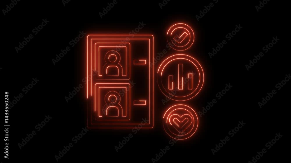 Poster customer data analytics neon style illustration with profile icon chart and approval symbol animated