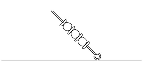 Continuous single line drawing. One line Shish kebab on skewers. Isolated on white background. Vector illustration, Shish kebab on skewers simple restaurant logo emblem. Traditional turkey food cafe.