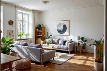 Cozy and Bright Living Room with Modern Furniture and Indoor Plants in Sunlit Space