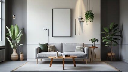 Modern Minimalist Living Room Interior Design with Gray Sofa and Greenery