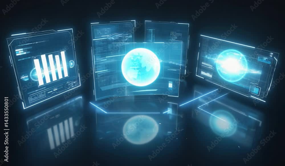 Poster multiple glowing digital interface displays.