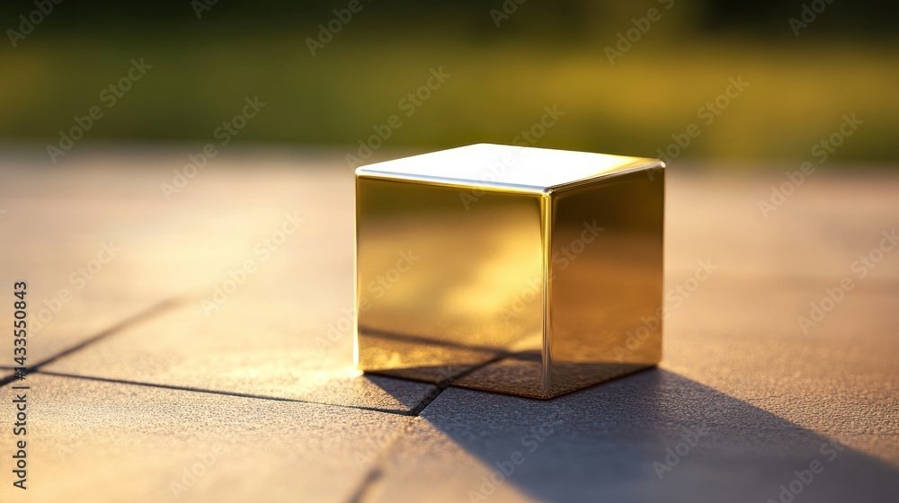 Aufkleber a shiny golden cube is displayed on a textured surface elegantly
