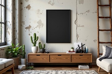 Modern Minimalist Living Room with Cacti and Blank Frame on Textured Wall