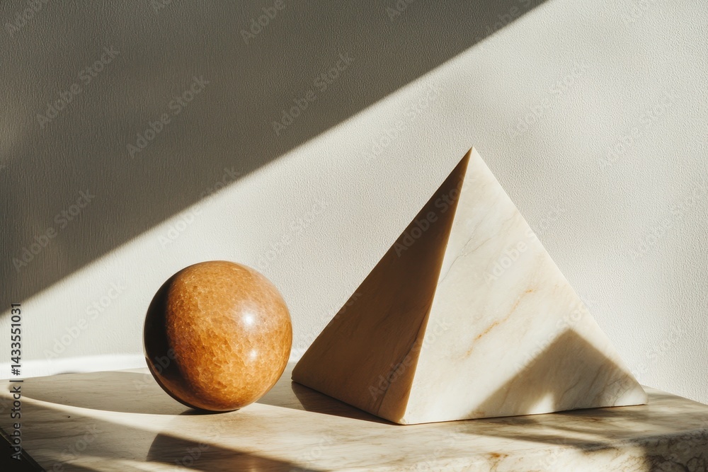 Poster light-drenched display of a smooth sphere and a geometric pyramid.