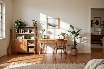 Fototapeta premium Cozy and Minimalist Home Office Space with Natural Light and Green Plants