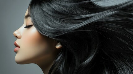 Fototapeta premium Young Asian woman with flowing black hair poses in profile, eyes closed, exuding serene beauty.