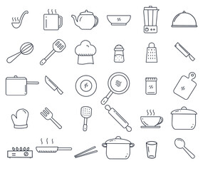 30 set of cooking transparent background. vector illustration cooking utensils line icons: glass, teapot, bowl, blender, knife, pot, plate, spoon, fork, pan, stove