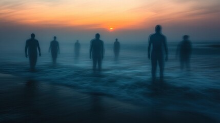 Figures Walk Through Water Towards A Setting Sun At The Beach