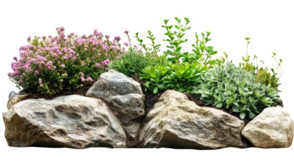 Rock garden with blooming spiraea and lush green foliage on transparent background