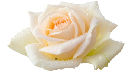 Close-up of blooming peach rose with water droplets on transparent background