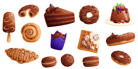 A set of delicious chocolate desserts on a white background. The concept of confectionery, baking, cooking. Isolated vector illustrations for menu design, posters, banners, covers