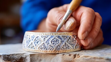A hand carefully paints intricate details onto a silver bowl with a brush