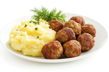 Fried meatballs and mashed potatoes. AI generated illustration.