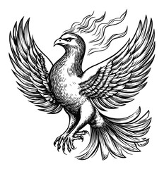 Obraz premium Detailed Engraving of a Majestic Phoenix in Flight with Flames