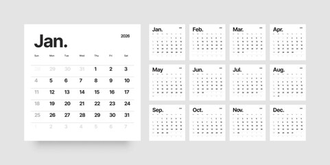 Monthly calendar layout for 2026 year. Planner Square diary for 2026 year. Week Starts on Sunday. 