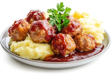 Fried meatballs and mashed potatoes. AI generated illustration.