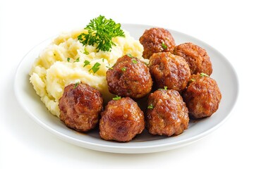 Fried meatballs and mashed potatoes. AI generated illustration.