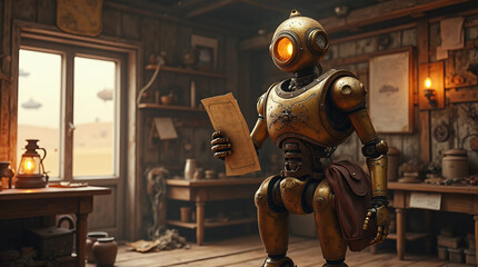 Steampunk Robot Explorer in a Deserted Workshop Generate AI