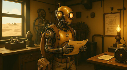 Steampunk Robot Explorer in a Deserted Workshop Generate AI