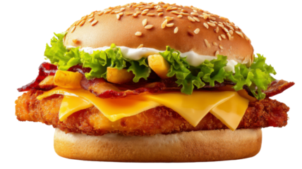 Delicious crispy chicken burger with cheese, bacon, lettuce and french fries on transparent background