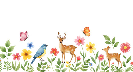 Obraz premium Watercolor Woodland Scene: Deer, Songbird, and Butterflies Amidst Blooming Flowers, on Black Backdrop for Arts, Crafts and Nature Designs