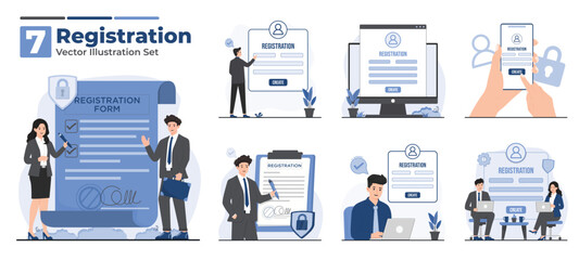 Fototapeta premium Illustration set of registration and login concept featuring users filling forms, creating accounts, and signing in securely