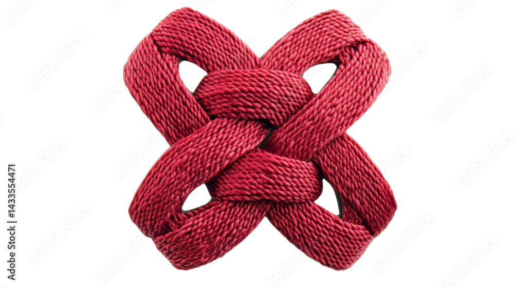 Poster red rope creating an intricate knot on transparent background