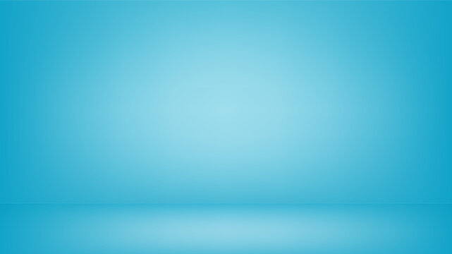 Light blue studio background with light spot in the center. Empty 3D room with monochrome wall and floor, color gradient. Vector horizontal banner back for product presentation, HD template.