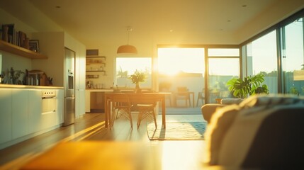 Fototapeta premium A modern kitchen and dining room bathed in warm sunlight