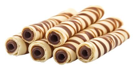 Chocolate filling decorating rolled wafer cookies on transparent background