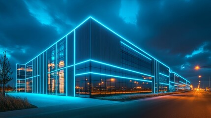 Obraz premium Modern building facade illuminated by vibrant blue neon lights at night.