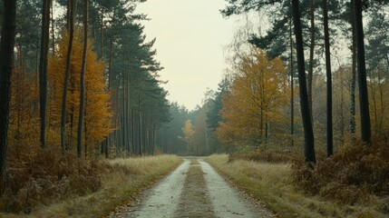 Fototapeta premium A winding dirt road leads through a misty autumn forest